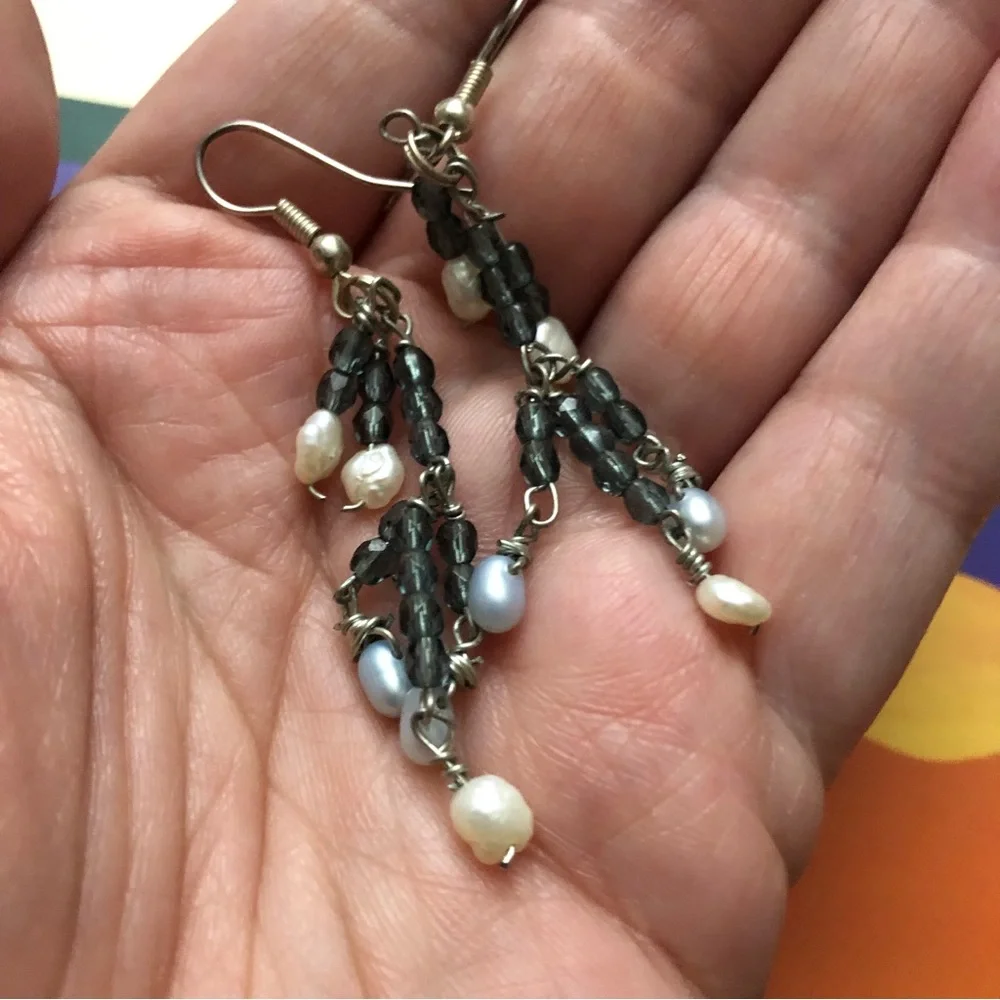 Pair of vintage Crystal + Freshwater Pearl Beaded Earrings